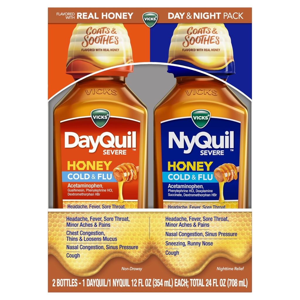 VICKS DayQuil &amp; NyQuil SEVERE Honey Flavor Co-Pack, Cold &amp; Flu Medicine, Relieves Headache, Fever, Sore Throat, Minor Aches & Pains, Nasal Congestion, Sinus Pressure, Stuffy Nose, and Cough, 2x12oz