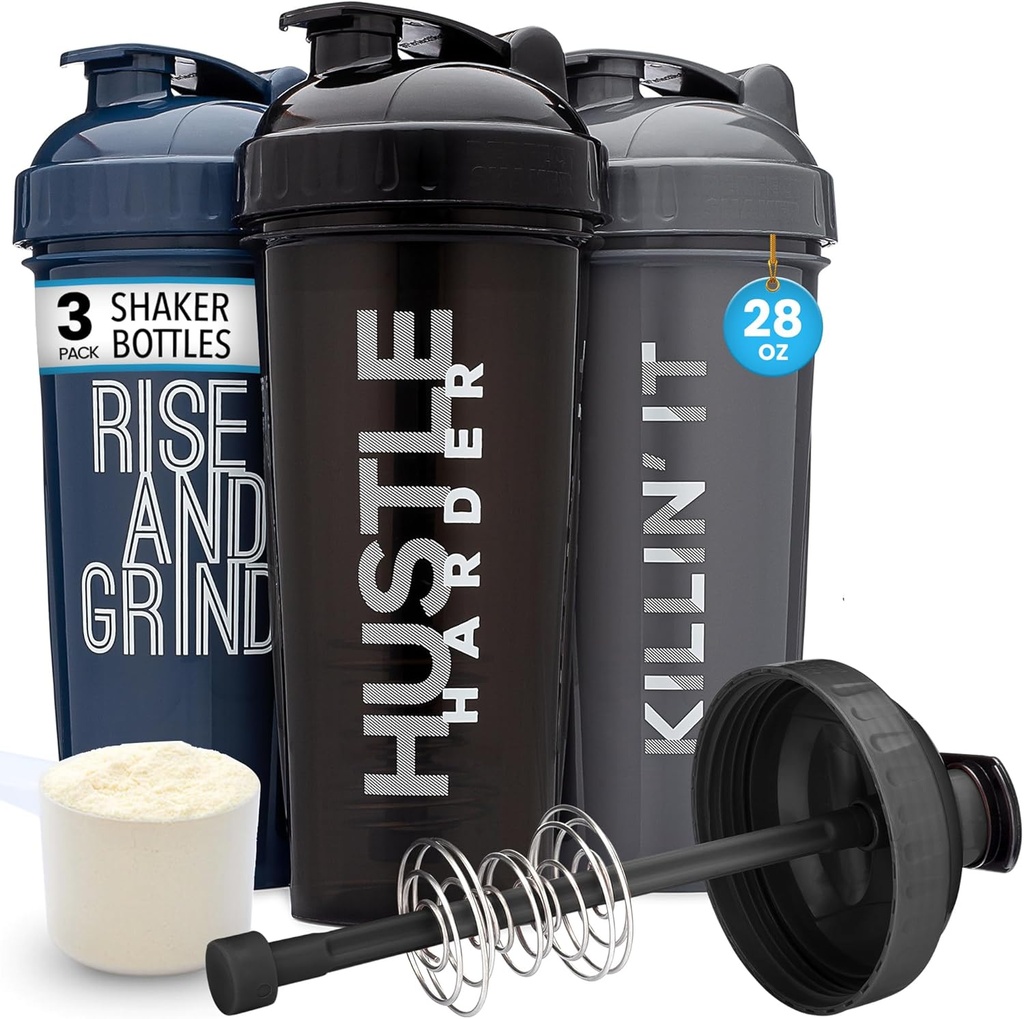 GOMOYO [3-Pack] 28-Once Shaker Bottle with Action-Rod Mixer Silencio Protein Shaker Bottle with Motivational Quotes ← Shakers for Protein Shakes are BPA Free and Dishwasher Safe TEN Silver, Blue, &amp; Black