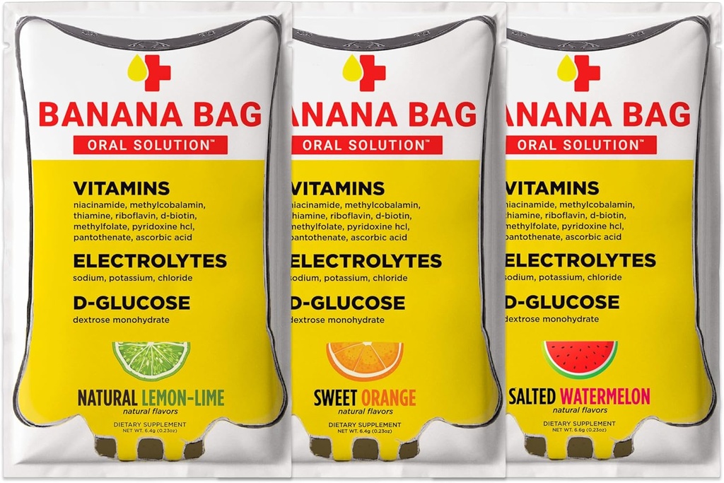 Bolso de plátano Solución oral Packets – Variedad Pack 30pk ← Un refrescante bloque de electrolitos, vitamina C y B-Complex ← Ha sido diseñado para la hidratación y un Boosto diario en cualquier momento, en casa, trabajo o en el go