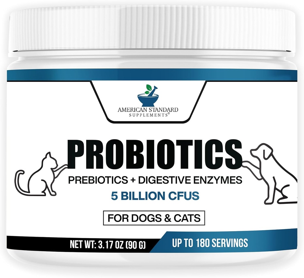 American Standard Supplements Probiotics for Dogs & Cats with Prebiotics & Digestive Enzymes, 5 Billion CFU, 9 Strains, 3.17oz (90g), 180 Servings - Dog & Cat Probiotics for Gut Health & Digestion