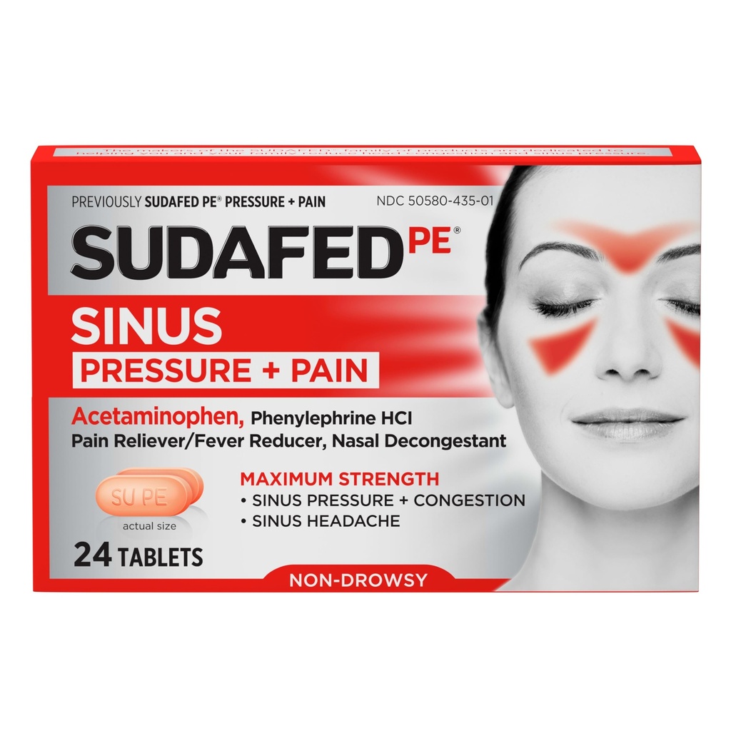 Sudafed PE Sinus Pressure + Doin Relief Tablets, Maximum Strength, Non-Drowsy, OTC Sinus Relief Medicine with Acetaminophen Pain Reliever & Phenylephrine HCl Nasal Decongestant, 24 ct