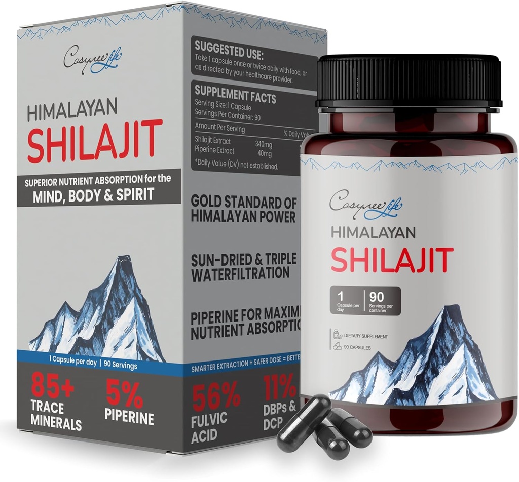 cosynee Himalayan Shilajit - Shilajit Capsules, Shilajit for Men, Shilajit for Women, 56% Fulvic Acid & 5% Piperine, 90 Caps