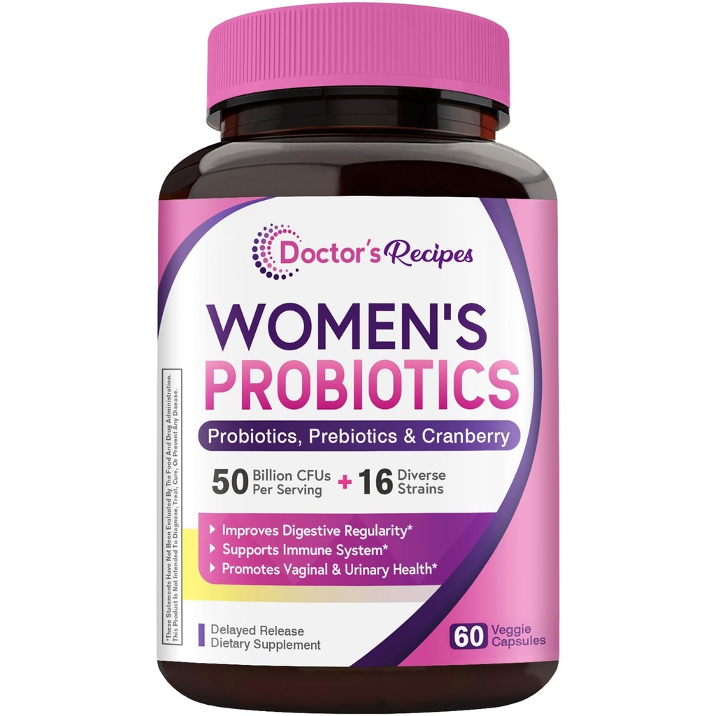 Doctor's Recipes Women's Probiotic, 60 Caps 50 Billion CFU 16 Strains, with Organic Cranberry, Digestive Immune Vaginal & Urinary Health, Shelf Stable, Delayed Release, No Soy Gluten Dairy