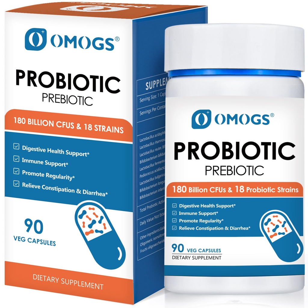 OMOGS Probiotics 180 Billion CFUs 18 Strains, 3 Prebiotics & Digestive Enzymes, Helps Digestive, Gut Health, Immune, Supports Occasional Constipation, Diarrhea & Gas - for Women & Men, 90 Capsules