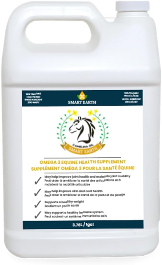100% Puro Aceite de Camelina para Caballos – Omega 3 &amp; Vitamina E Suplemento Rico para la Carne, Hooves, Artritis, Juntas, Ganancia de Peso &amp; Ulcers – Falso Aceite Flaxseed Hecho en Canadá por Smart Earth, 1gal.