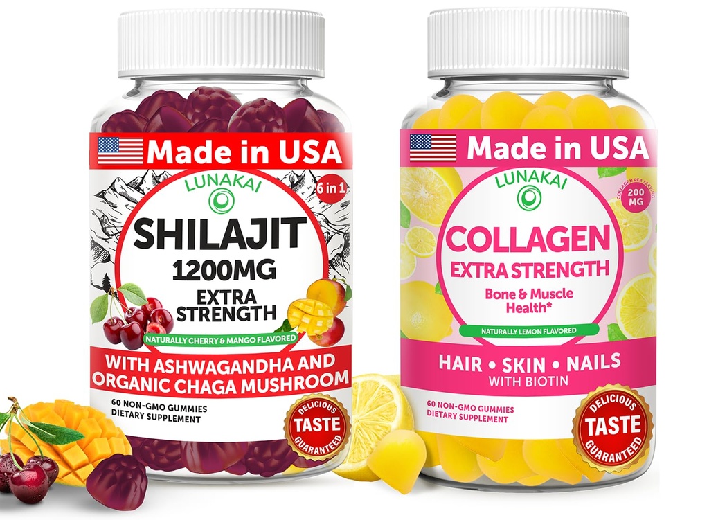 Lunakai Estados Unidos hizo Shilajit &amp; Collagen Extra Strength Gummies Bundle – Energía, pelo, piel y soporte de uñas – Delicious " Non-GMO