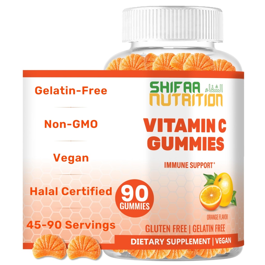 SHIFAA NUTRITION Vegan Vitamin C Gummies | 90 Gummies, 250mg 45 Servings | Non-GMO | Gluten-Free, Gelatin-Free | Immune Support Gummy & Seasonal Support for Kids & Adults Halal Vitamins