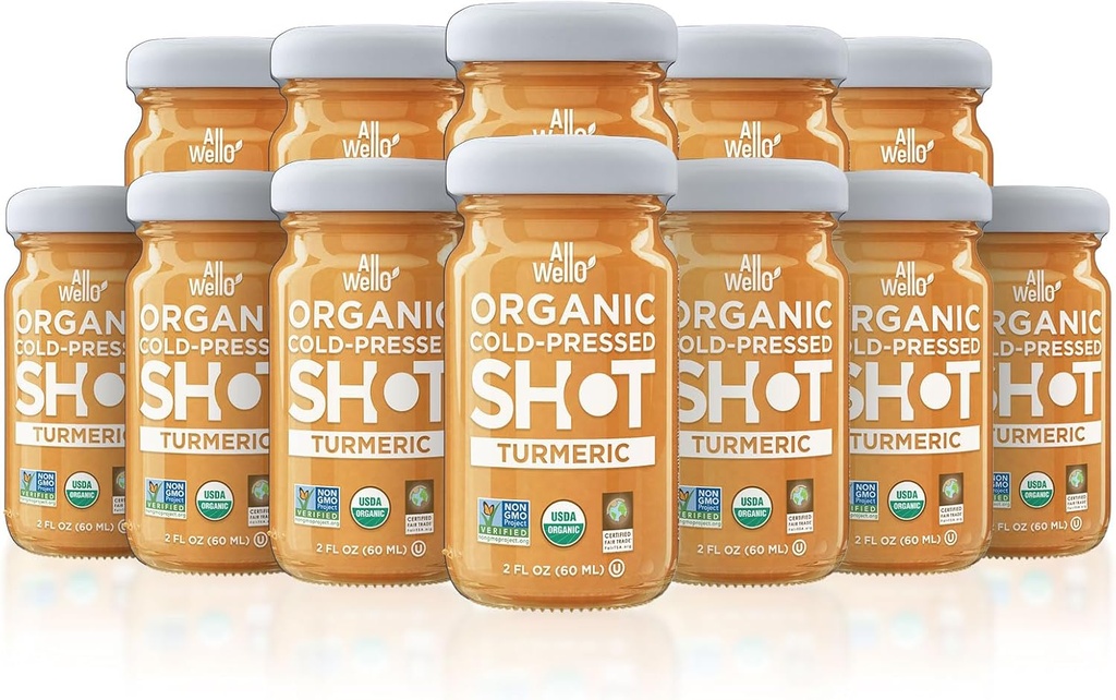 ALLWELLO Cold-Presed Turmeric Shot, 60 mL, USDA Organic Immune Booster with Natu-RAL (12 PK, Turmeric)