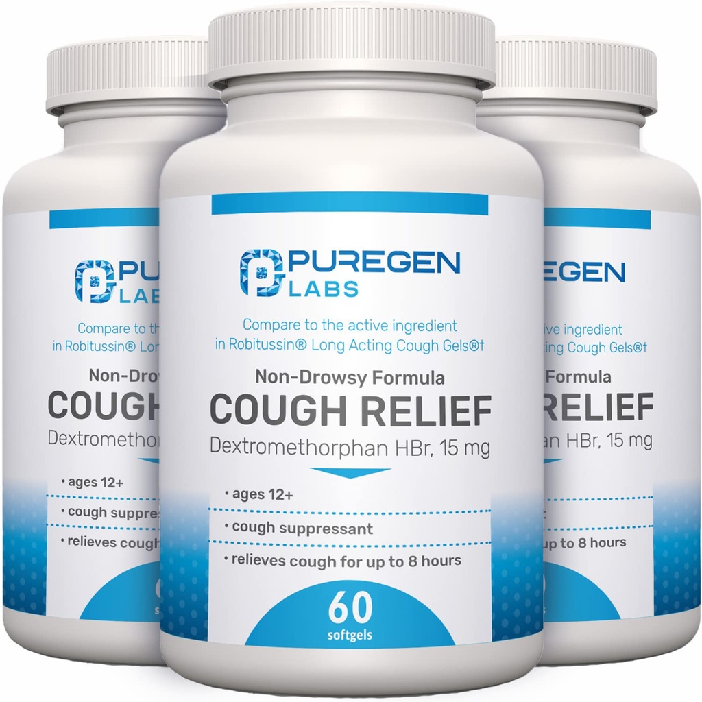 P Puregen Labs Cough Relief for Adults Dextromethorphan HBr 15mg | 8-Hour, Non-Drowsy, Long-Lasting Bronchial Suppressant | Ages 12+ | Compare to Robafen and Robitussin - 3 Pack | Total 180 Softgels