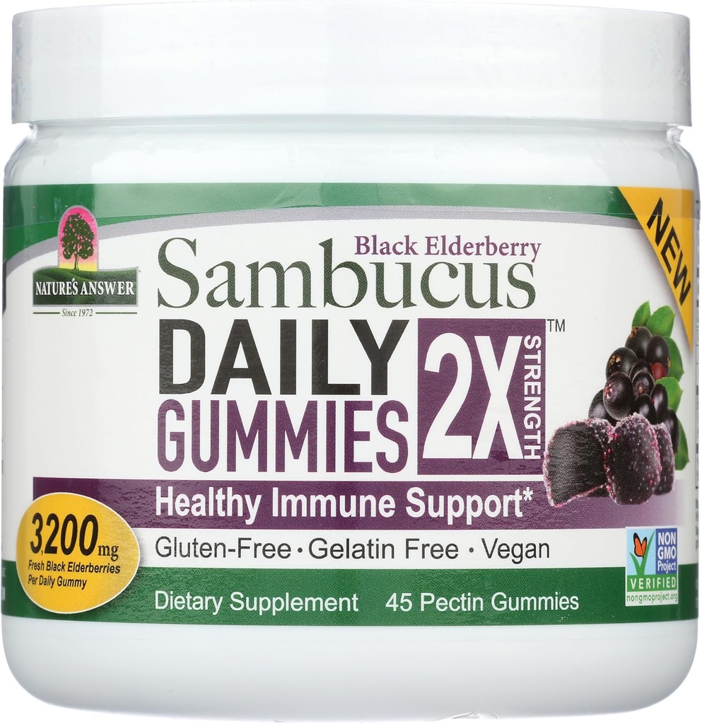 Respuesta de la naturaleza Sambucus Daily Gummies ← 2X Más Elderberry 3200 mg Concentración Silencioso libre de alcohol, libre de gluten, libre de gelatina, vegano, no fumador " No preservativos " .