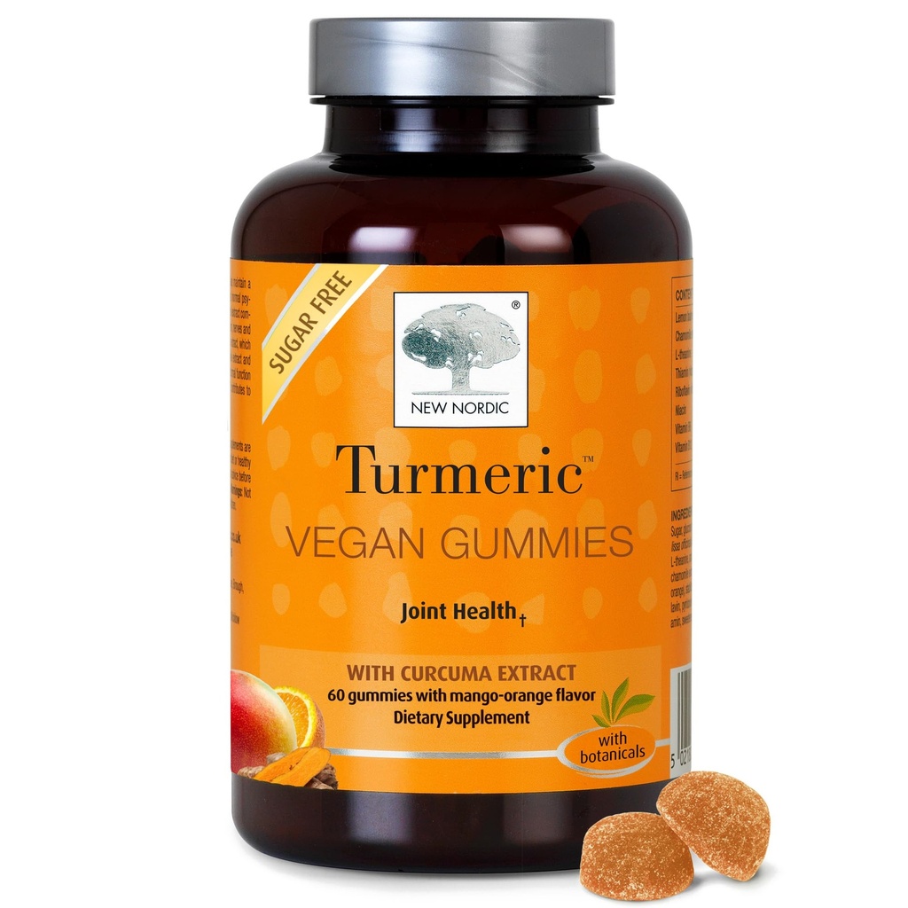 NEW NORDIC Turmeric Curcumin Gummies, Sugar Free, 300 mg Turmeric Supplement for Men and Women, Supports Normally Functioning Joints, Knees, Shoulders, Mango Orange, 60 Count