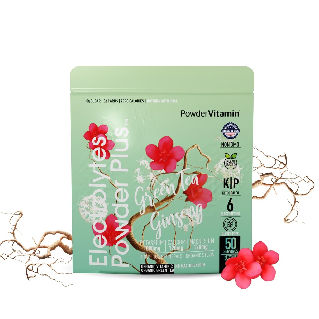 PowderVitamin Electrolytes Powder Plus (50 Servings) Green Tea Ginseng Electrolyte Powder Keto, Sugar Free, Pink Himalayan Salt,1000mg Potassium,120mg Calcium,120mg Magnesium, Hydration Powder