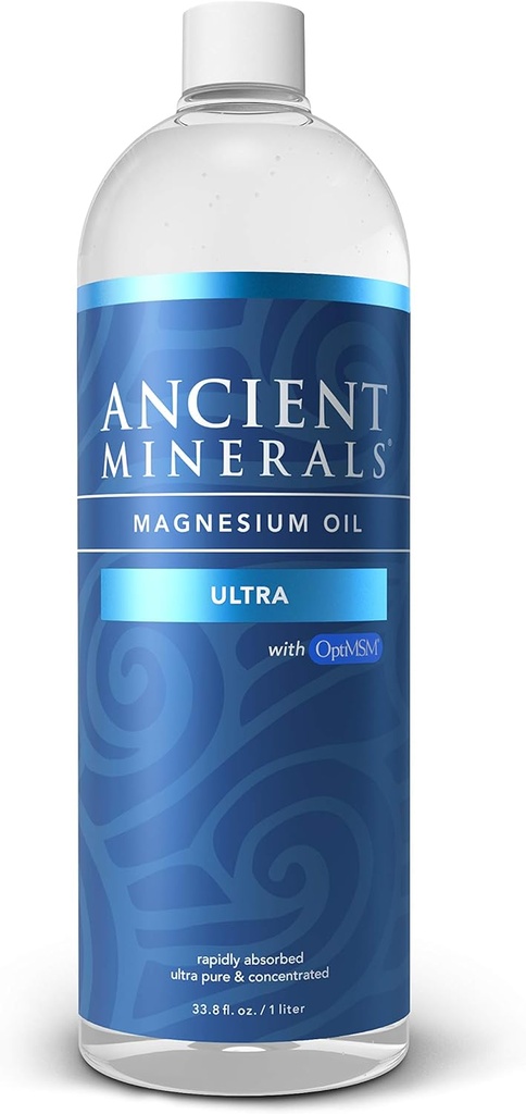 Minerales antiguos Magnesium Oil Ultra con OptiMSM, Refill 33.8 oz. - Puro Genuine Zechstein Magnesium Chloride Suplemento con MSM - La mejor aplicación de piel tópica para la absorción dermica