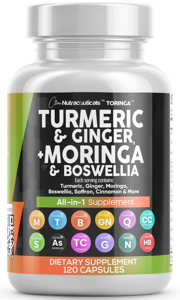 Nutracéuticos limpios Turmeric Moringa Suplemento Silencio Ginger Boswellia Saffron - Suplemento para mujeres y hombres con canela de Ceylán, cereza de tarta, Nettle de ajo de quercetina