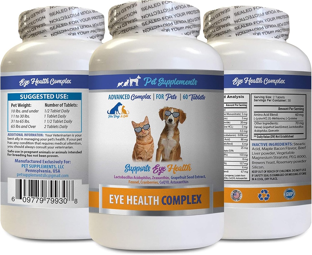 Vitaminas Ojo Perro - Complejo de Salud Ojo PET - Perros y gatos - Apoyo Visión Ojo - astaxanthin para perros, Visión Ojo Suplemento para perros y gatos, Salud Ojo Vitaminas Luteína y zeaxantina 1Bot 60Tabs