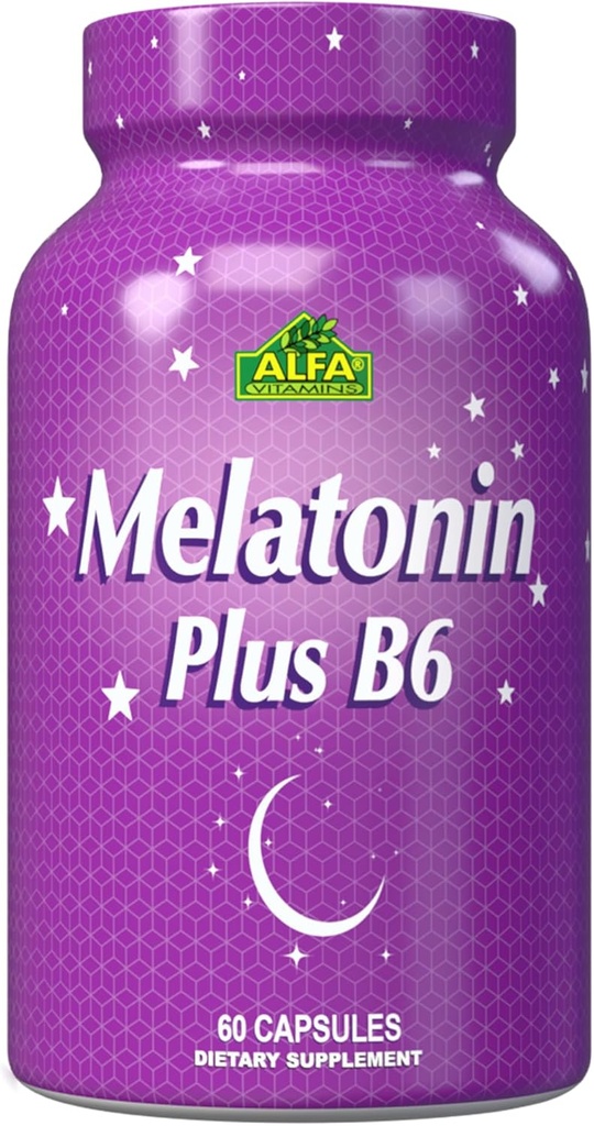 ALFA VITAMINS Melatonin Plus B-6 Suplemento con 5MG Regulador del ciclo de sueño - Salud cardiovascular - Sistema inmunológico - 60 cápsulas