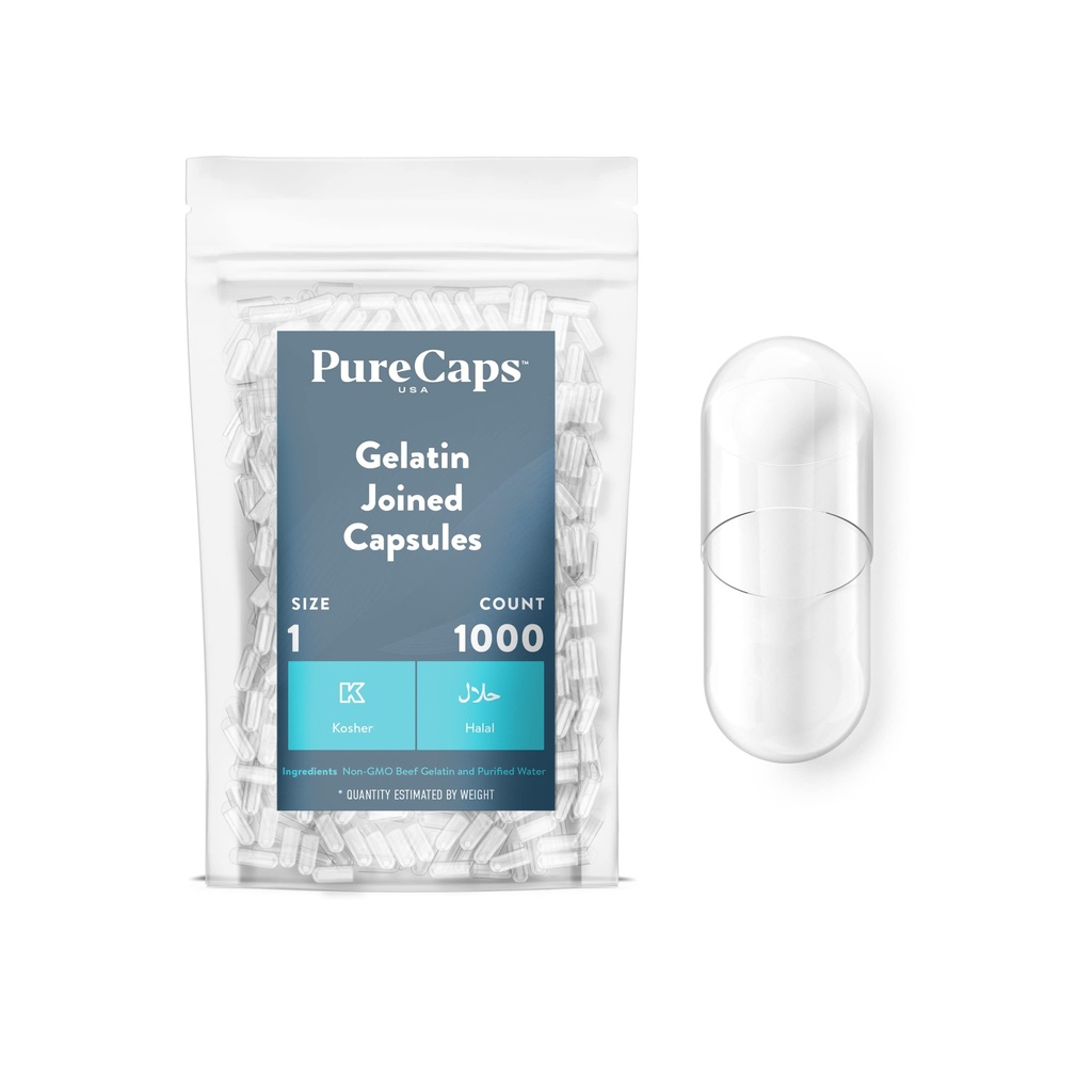 PureCaps USA - Empty Gelatin Capsules Tamaño 1 víspera 1,000 Pills Únete a Borrar Vida No-GMO Certified viva SLS, Gluten, Preservative Free
