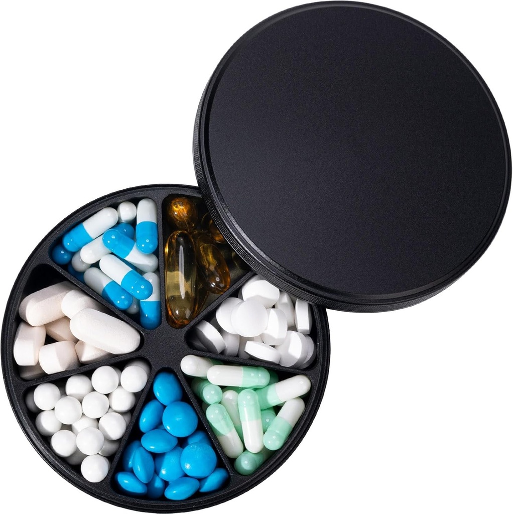 Dispensador de Píldora de Píldora de Metal con 7 Compartimientos - Contenedor de Píldora Anti-Mix de Duty, caja de Píldora diaria impermeable para vitamina, medicina, suplemento, aceite de pescado, 0.39lb (Negro)