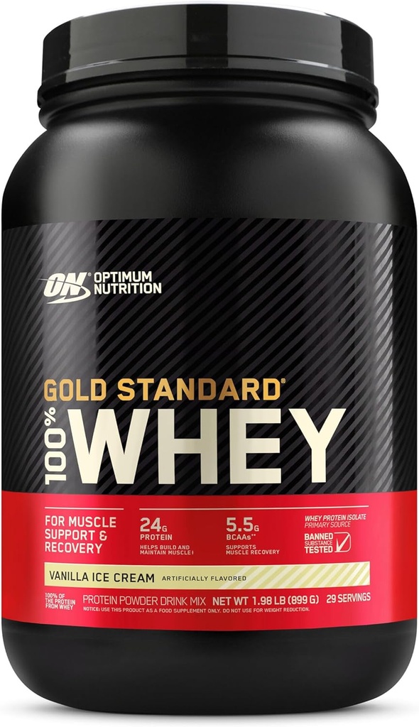 Optimum Nutrition Gold Standard 100% Whey Protein Powder de Whey Isolates, Vainilla Ice Cream - 2 libras