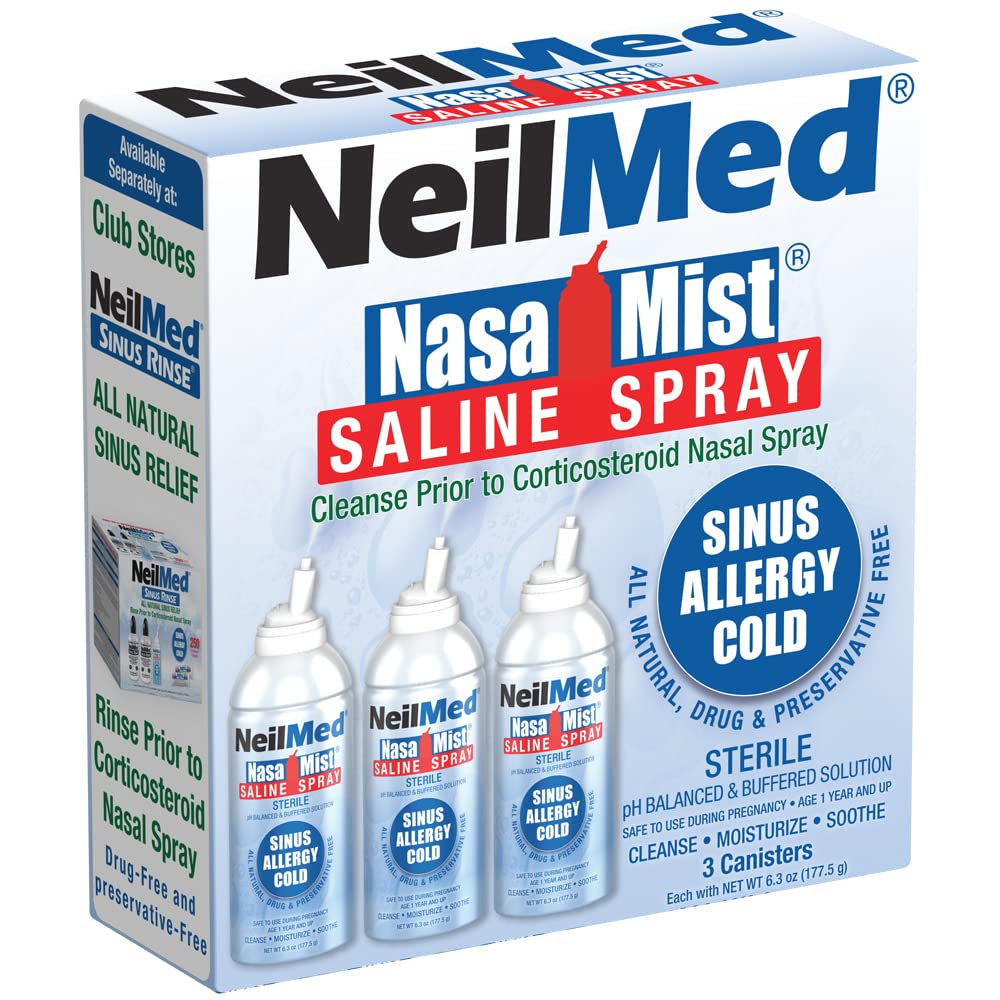 NeilMed NasaMist Isotonic Saline Spray. Soothe, Moisturize y Cleanse Usando punta especialmente diseñada. 177mL. Contiene 3 botes NasaMist