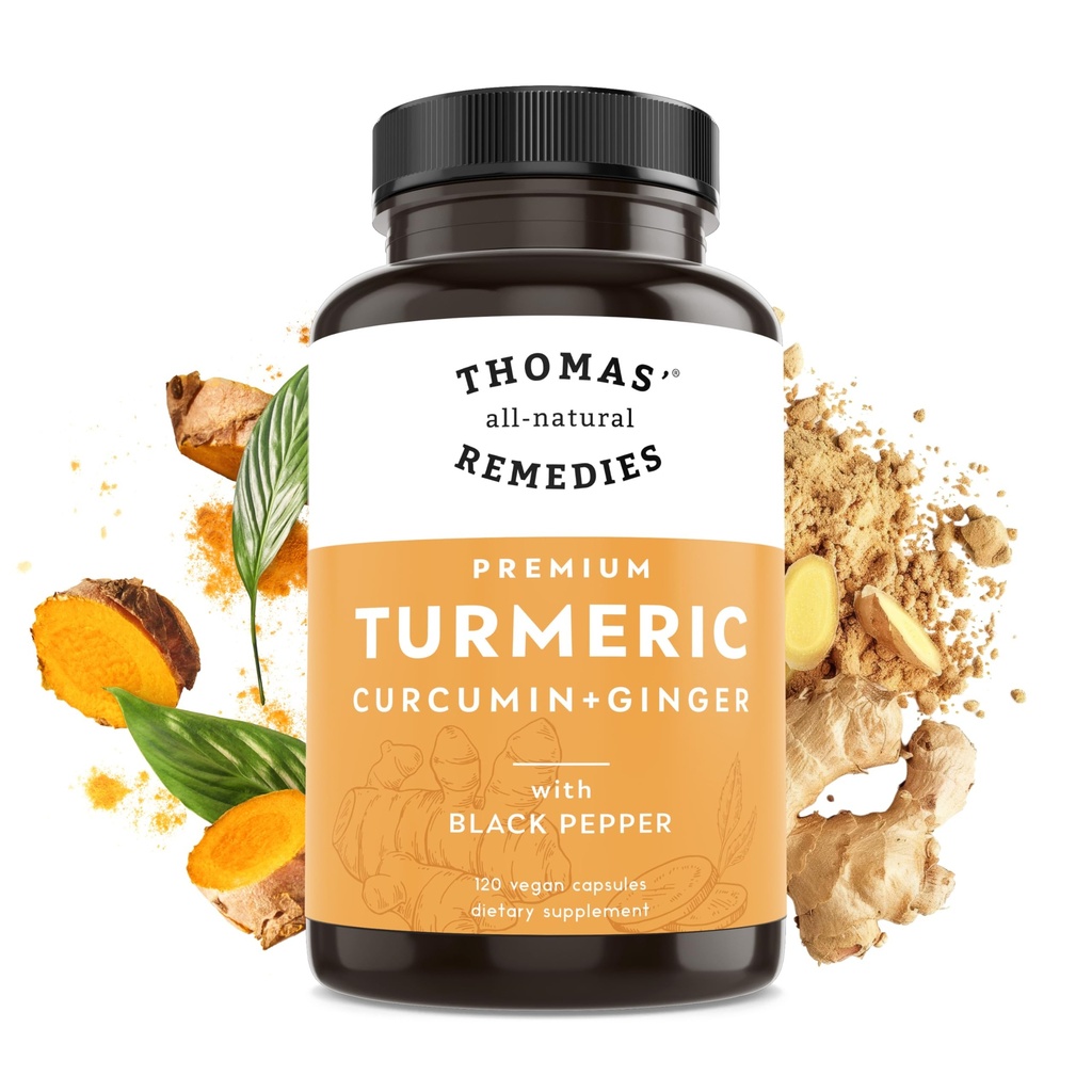 Thomas' all-natural Remedies Turmeric Curcumin and Ginger with Black Pepper, Organic Turmeric Joint Support Supplement- 95% Curcumin - NO fillers, Vegan - 120ct