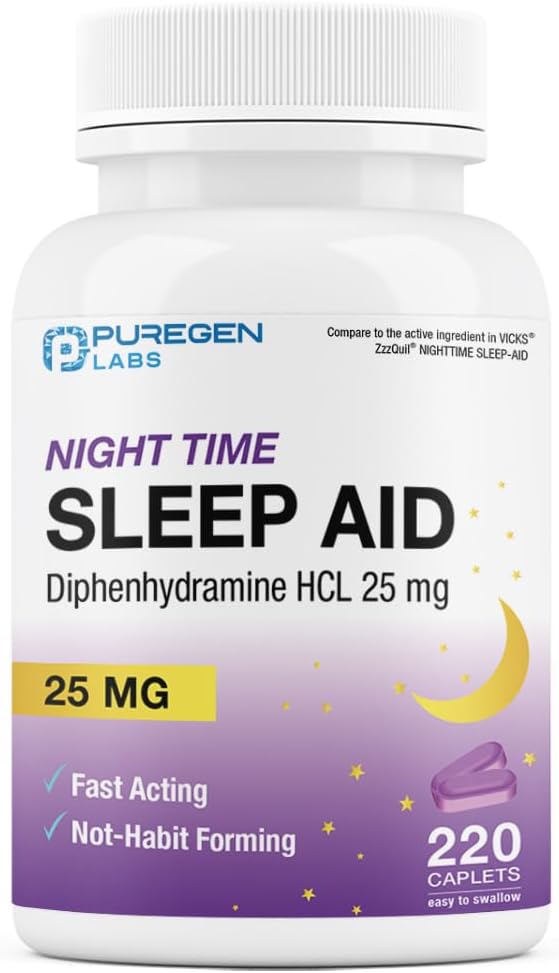 Puregen Labs Sleep Aid Caplets, Diphenhydramine HCl 25mg - 220 Cuenta ← Apoya el sueño más profundo, relajante, no Habit-Forming