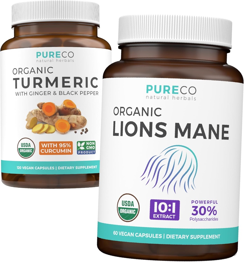 Turmeric & Lions Mane (1-Month Supply) Mindful Turmeric Bundle of Organic Turmeric Curcumin with Black Pepper & Ginger (120 Caps) & Organic Lions Mane Mushroom 10:1 Extract (60 Caps)