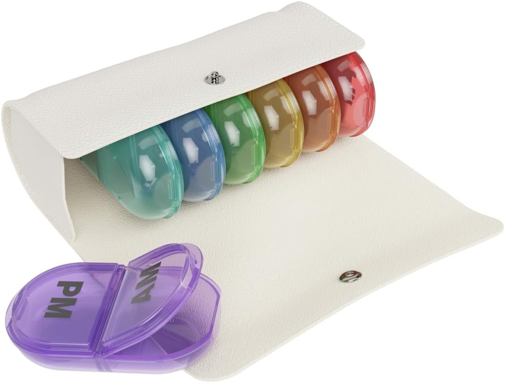 EZY DOSE Weekly (7-Day) AM/PM Pill Case, Medicine Planner, Vitamin Organizer, Pop-Out Compartments, 2 Times a Day, Rainbow Lids, Incluye funda de crema, BPA Free