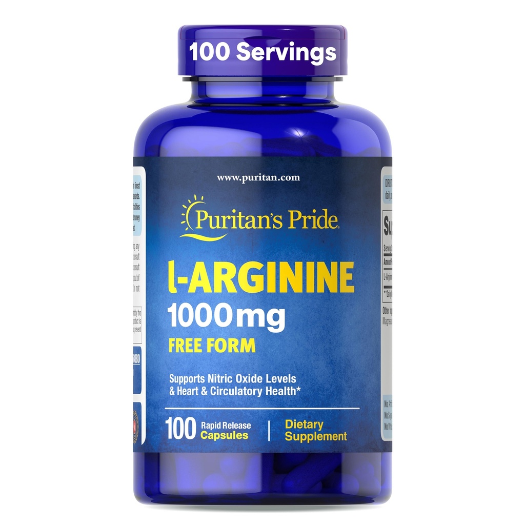 Pride de Puritan L-Arinine 1000mg, Suplemento dietético soporta niveles de óxido nítrico y calor circulatorio, fuente de 100 días, 100 tabletas