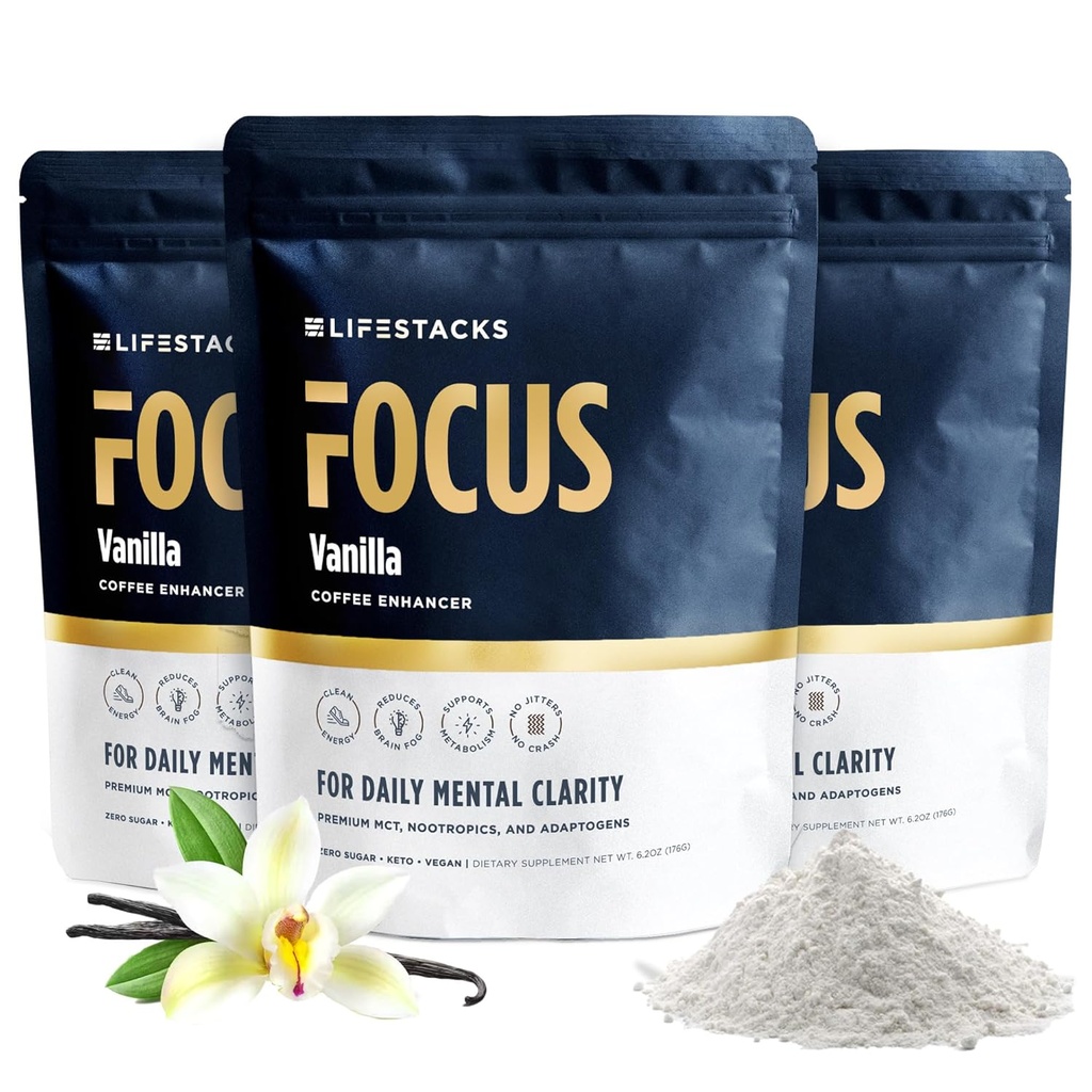 Vainilla MCT Oil 3-Pack - Energía Boost & Clarity - MCT Powder + Nootropics + Adaptogens para una experiencia de café elevada - Keto, Vegan, 0 Sugar - con Taurine, L-Tyrosine, Rhodiola &amp; More