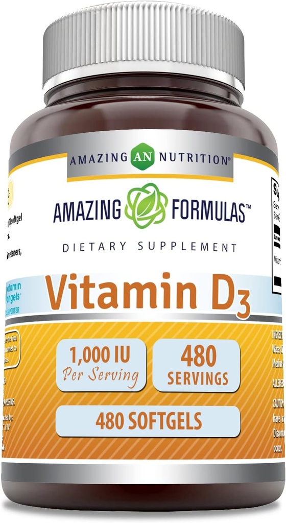 Fórmulas asombrosas Vitamina D3 1000 UI Suplemento de Softgels No-GMO TENIDO Gluten Gratis Silencio Envasado en EE.UU. (1 Pack Silencio 480 Conde)