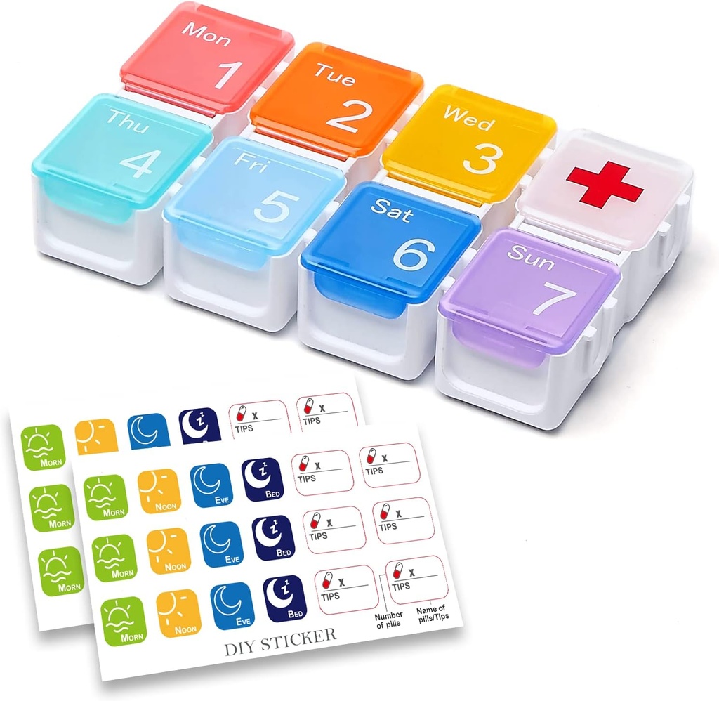 Medicine Organizer, DIY Travel Weekly Pill Organizer case, Daily Pill Box/Container 7 Day, Pill Dispenser/Container for Vitamin/Fish Oil (1 Time A Day, Rainbow)