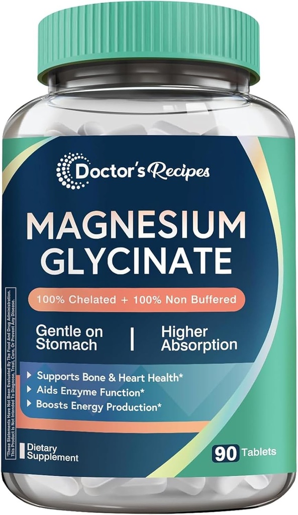Recetas del doctor Magnesium Glycinate, Magnesio Chelated con alta absorción " No amortiguado, Fácil en Stomach, Sin gluten, Bone, Nerve " Energy Support, 90 Tablets