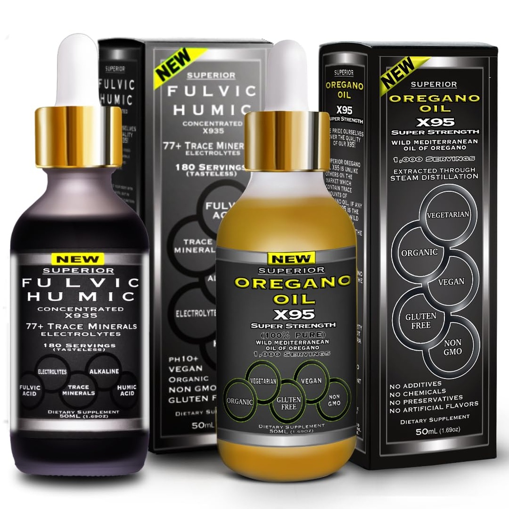 Fulvic Humic Acid Ionic Trace Minerales con electrolitos Suplemento líquido y gotas de aceite de orégano Super Fuerza Más Versátil Luego aceite de orégano Softgels y cápsulas