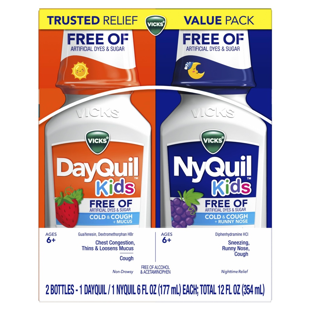 Vicks Kids DayQuil &amp; NyQuil Cold &amp; Cough Relief Liquid Co-Pack, Free of Artificial Dyes & Sugar, Multi-Symptom Relief of Cough, Sneezing, Runny Nose, Mucus, and Chest Congestion, for Ages 6+, 2x6oz