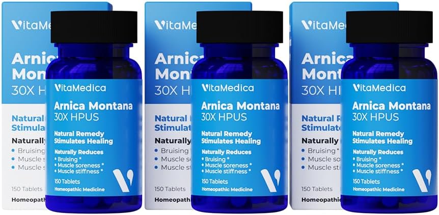 VitaMedica Arnica Montana 30X Tablas Homeopáticas para Dolor Dolor y Hinchazón Silencio Fórmula Basada en Plantas Recomendadas por Cirugias Plásticos Silencioso de Recuperación Natural Or Lesiones TEN 3 Pack Ø 150 Servimientos