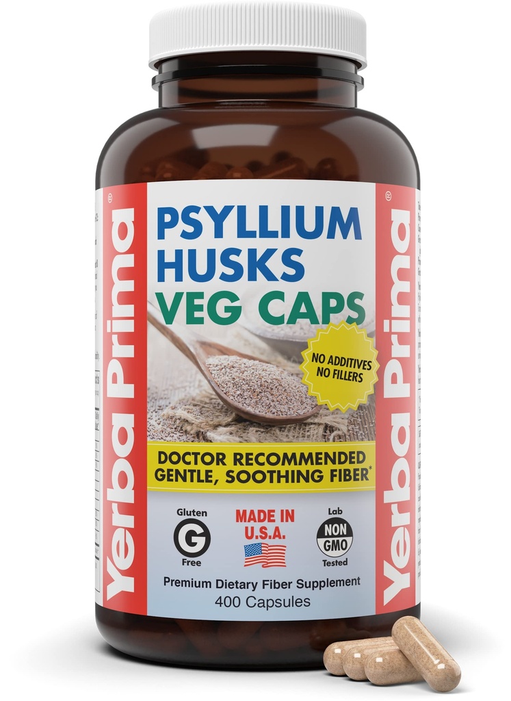 Yerba Prima Psyllium Husks Veg Caps, 400 cápsulas (625mg) - Vegan, no GMO, Gluten Free, Colon Cleanser, Daily Fiber Supplement for Gut Health & Regularity