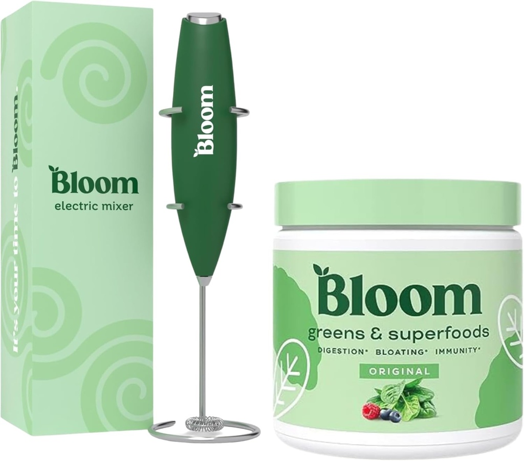 Bloom Nutrition Superfood Greens Powder, Digestive Enzymes with Probiotics and Prebiotics, Gut Health, Bloating Relief, Original + Milk Frother High Powered Hand Mixer
