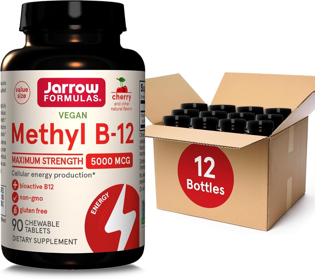 Fórmulas Jarrow Metil B-12 5000 mcg Suplemento dietético - 90 Tabletas Chewable de cereza - Vitamina Bioactiva B-12 - Soportes Producción de energía celular, Salud cerebral del sueño (Pack of 12)