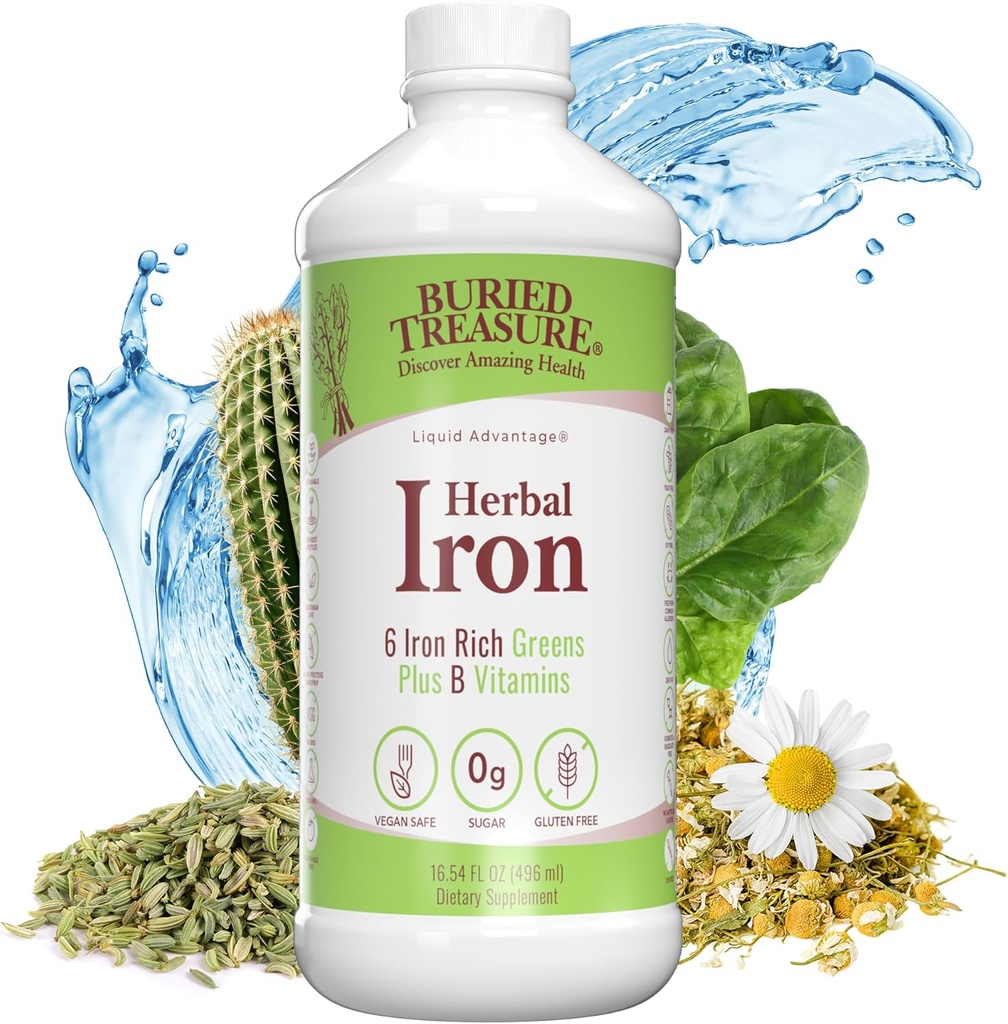 Tesoro enterrado Hierba Herbal - 48 Servimientos, Hierro Líquido y Suplemento Herbal, Vitaminas Complejos de Vitamina C &amp; B, Verdes ricos en hierro, Hierro Vegano para Hombres y Mujeres