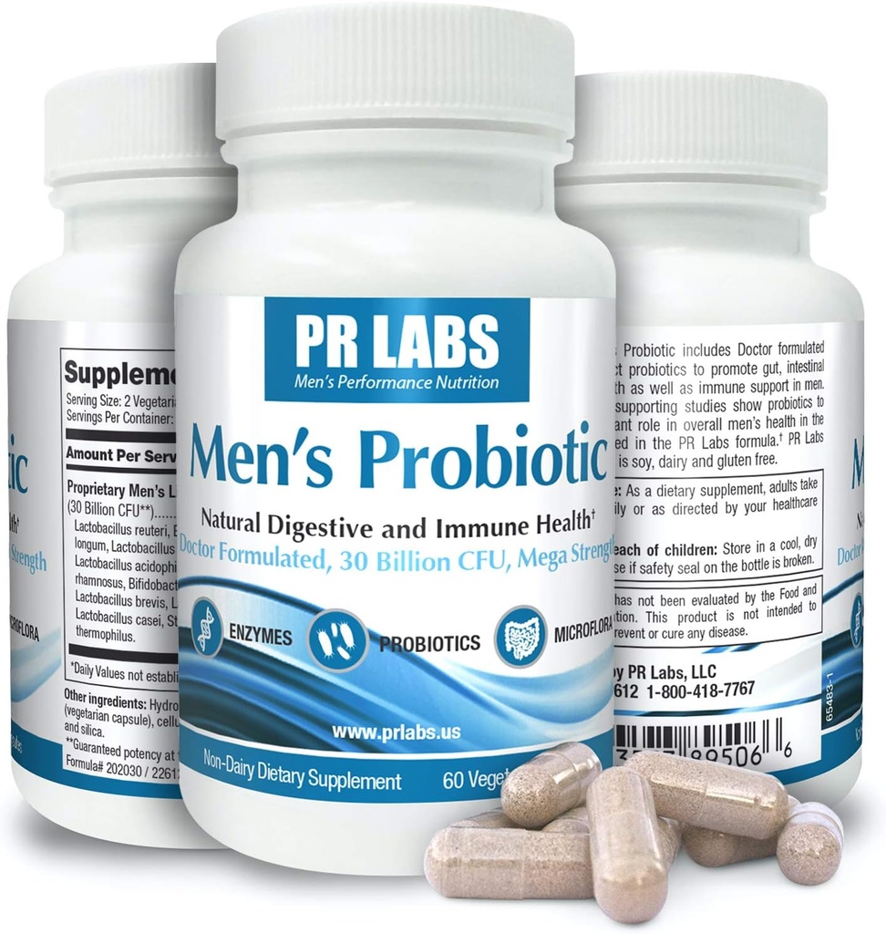 Laboratorios de Investigación Probiótico para Hombres - Suplemento Probiótico de Enzima Digestivo para Hombres - Promueve Salud Gut y Soporte Inmunitario - 1 Pack (60 cápsulas)