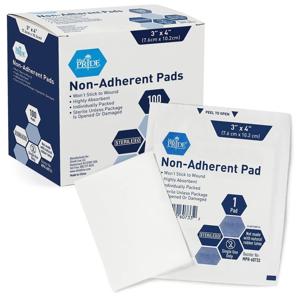 MED PRIDE Sterile Non Stick Pads for Wound Care and Wounds, Highly Absorbent, Painless Removal, Individually Wrapped (3x4 Inch (Pack of 100))