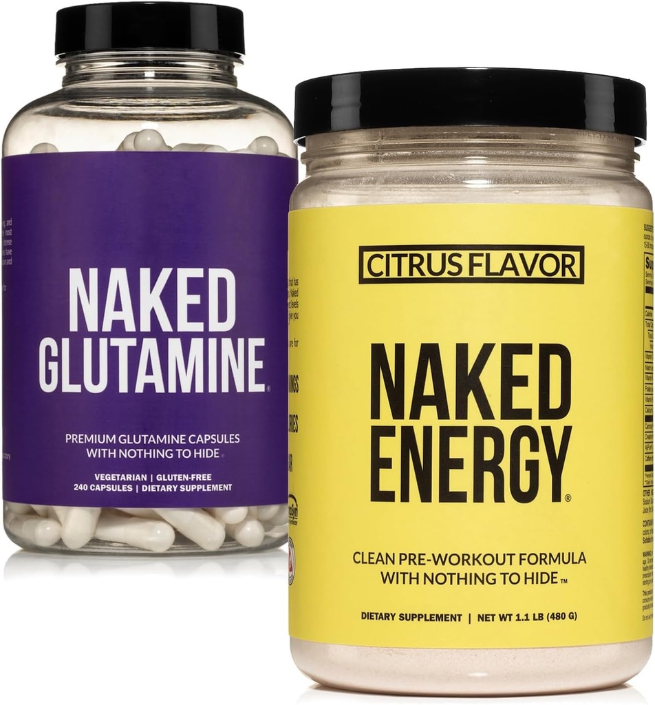 Naked Vegan Energizing Muscle Recovery Bundle: Naked Citrus Energy and 240 Naked L-Glutamine Capsules, 1000mg