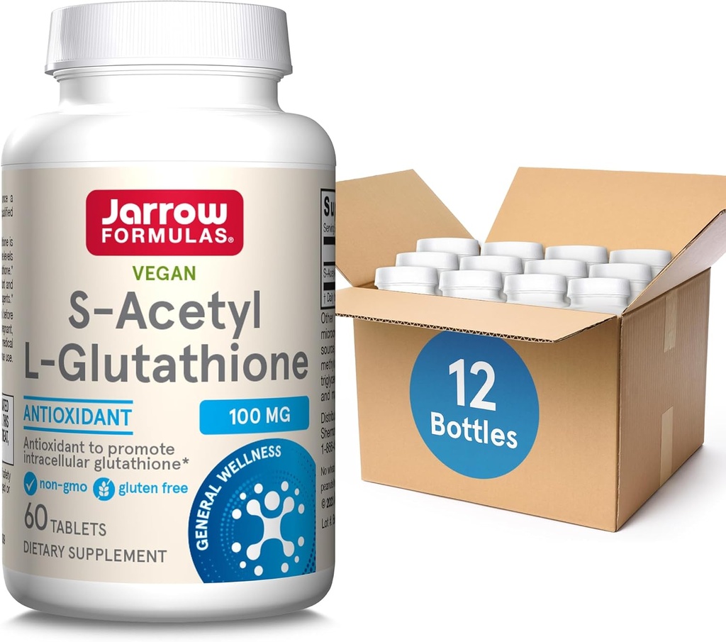 Jarrow Formulas S-Acetyl L-Glutathione Tablets - 100 mg - 60 Count - Dietary Supplement - Stable Form of L-Glutathione - for Antioxidant Support and Detoxification - Non-GMO - Gluten Free, Pack of 12