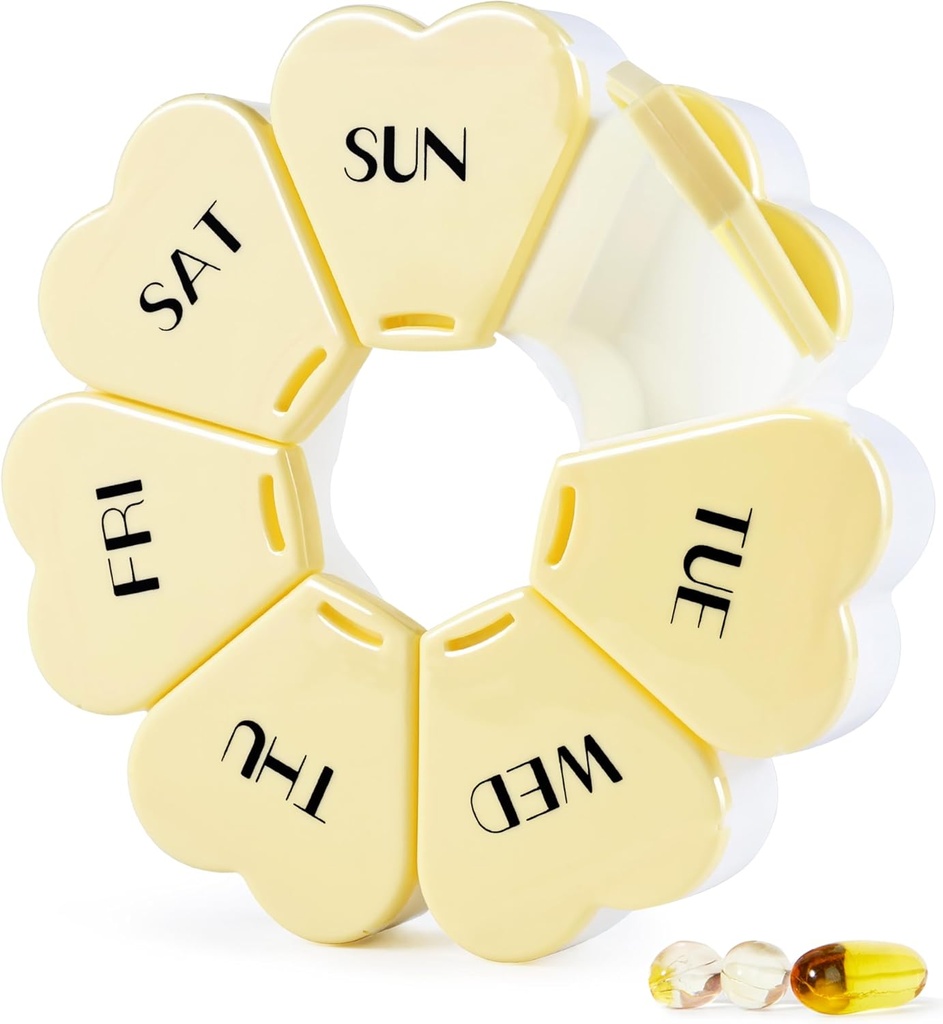 MOLN HYMY gran caja semanal de píldoras 7 días, Organizador de caja de píldoras, Contenedor de píldoras de flores una vez al día, dispensador de medicina redonda para vitamina / aceite de feto / mezcla / alivio (amarillo)