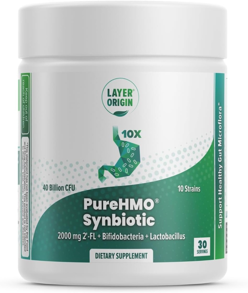 Orígen de capas Ø Sinbiótico PureHMO: Prebiótico + Probiótico, 2000 mg de Oligosacáridos de leche humana Polvo, 10 Strains, 40 Billones Probiótico - Formulario de polvo