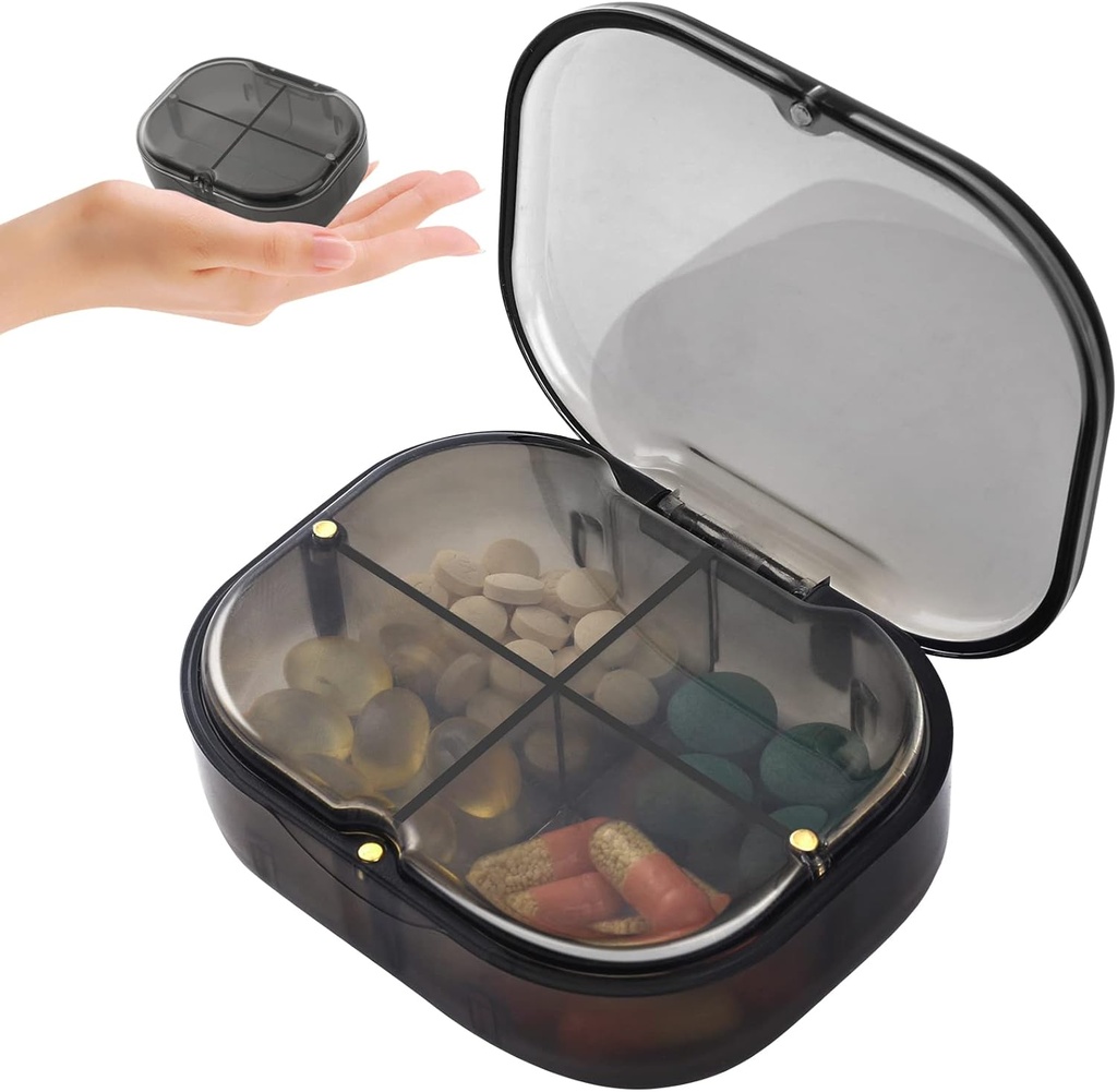 Organizador diario de píldoras, 4 Compartimientos Caja de píldoras portátiles con diseño de la humedad, medicamentos lindo organizador para mantener la vitamina, aceite de pescado, suplementos y medicamentos