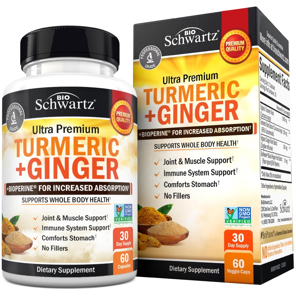 Turmeric Curcumin and Ginger Supplement - 95% Standardized Curcuminoids with BioPerine Black Pepper Extract for Ultra High Absorption - Natural Joint Support Supplement - Gluten-Free - 60 Capsules