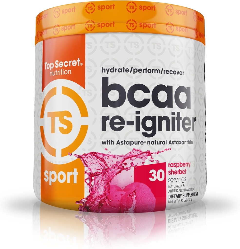 Top Secret Nutrition BCAA Re-Igniter Vegan Amino Acid Suplemento con Astaxanthin y Electrolyte, Hydration Blend con agua de coco, 9,80 oz (30 porciones), Raspberry Sherbet