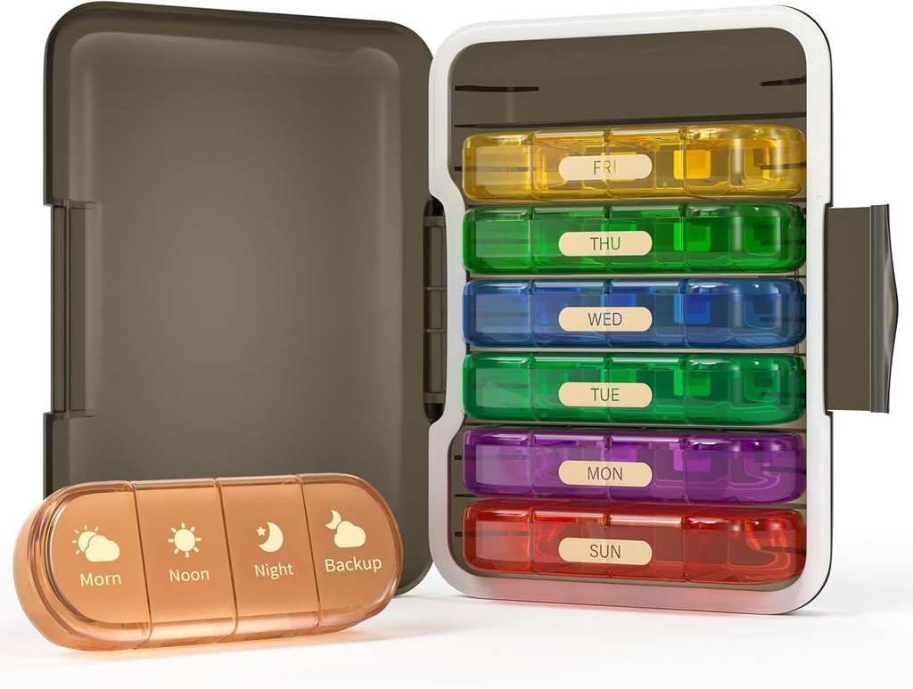 Organizador semanal de píldoras 4 veces al día, 7 Day Pill Box 4X, Portable for Travel Pills/Vitamin/Fish Oil/Medication/Supplements (4x7 Black+Rainbow)